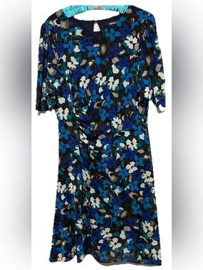 DKNY Dress 14 Floral Print Ruched Bodice Flutter Sleeve Stretch Mesh Overlay